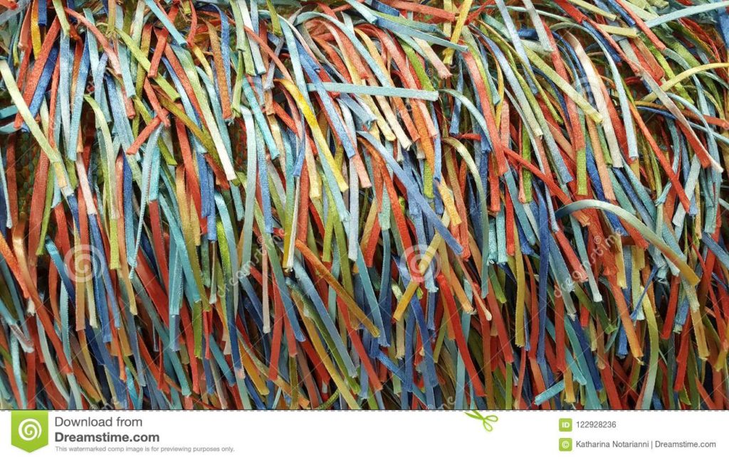 Stock photography - Rainbow of Colorful Strands of Ribbons and Threads by HTBphotos Katharina Notarianni
